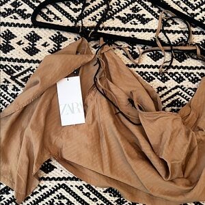 Zara Tan Blouse with Black Accents